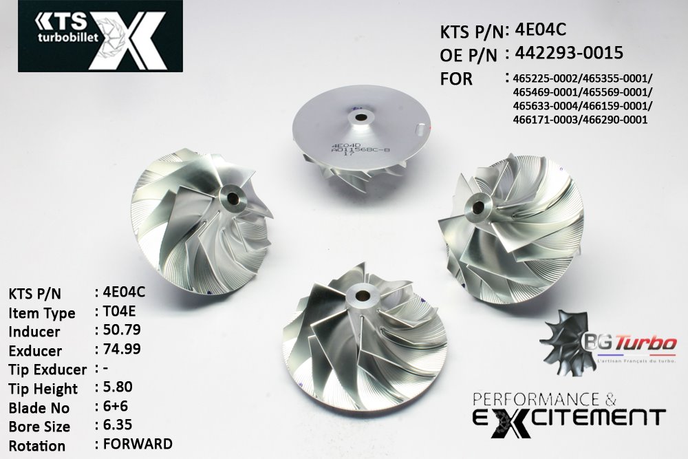 Turbo ROUE FORGÉE MFS PERFORMANCE - 6+6 PALES - INDUCER : 50,79 - EXDUCER : 74,99 - TYPE : T04EANGLE : 50° - ROTATION : Forward - SUPER BACK : 4,96 - BORE SIZE : 6,35
